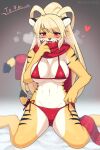  &lt;3 2021 4_fingers anthro big_breasts bikini black_body black_fur blush breasts breath claws cleavage clothed clothing cute_fangs felid female finger_claws fingers fur hair hi_res japanese_text kemono kneeling long_hair mammal multicolored_body multicolored_ears multicolored_fur multicolored_tail navel open_mouth pantherine red_eyes scarf signature solo swimwear text tiger tongue translated white_body white_fur yamame513 yellow_body yellow_fur 