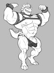  abs analon_(artist) anthro big_arms big_pecs bowser bulge clothing flexing genitals grey_background harness hi_res koopa male mario_bros monochrome muscular muscular_male navel nintendo nude pecs penis scalie simple_background sketch solo speedo swimwear thick_thighs video_games 