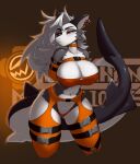  2021 alternate_species anthro big_breasts blush breasts buckle choker cleavage clothed clothing ear_piercing ear_ring female fish frown hair half-closed_eyes helluva_boss jewelry legwear long_hair looking_aside loona_(helluva_boss) maned_lyon marine midriff narrowed_eyes navel necklace non-mammal_breasts piercing shark solo thigh_highs thong underwear white_hair 