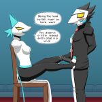  1:1 anthro blush bodily_fluids breasts caressing_cheek chair clothing cum cum_on_feet cum_on_leg cum_on_penis darkner deltarune dialogue dominant dominant_female duo english_text feet female foot_fetish foot_play footjob foreskin furniture genital_fluids genitals gentle_femdom hi_res humanoid_feet male male/female medium_breasts muscular muscular_male necktie nipples partially_retracted_foreskin penis sex side_view swatch_(deltarune) swatchling tasque_manager text undertale_(series) vein veiny_penis video_games xevv 