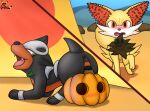  absurd_res animal_genitalia animal_pussy anus ass_up balls black_body black_fur blush bow butt canid canine canine_pussy clothing detailed_background duo female fennekin feral food fruit fur gau_(artist) genitals halloween hi_res holidays houndour kitsu_(fennekin) male male/female mammal nintendo open_mouth orange_body orange_fur plant pok&eacute;mon pok&eacute;mon_(species) pok&eacute;mon_mystery_dungeon presenting pumpkin pussy raised_tail rosa_(houndour) rubbing_pussy scarf sheath surprise vaginal video_games yellow_body yellow_fur 