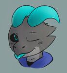  anthro black_sclera blue_eyes blush clothed clothing grey_body hoodie horn kobold looking_at_viewer male moodytail one_eye_closed portrait reptile scalie scar side_b solo tongue tongue_out topwear wink winking_at_viewer 