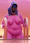  3d_(artwork) alien alien_humanoid armor balls breasts digital_media_(artwork) droplets flaccid genitals gynomorph headgear helmet hi_res hood humanoid intersex inverted_nipples kagekave ladder looking_at_viewer mass_effect nipples overweight overweight_gynomorph overweight_humanoid overweight_intersex penis pink_body pink_skin quarian solo swimming_pool video_games water wet 