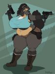  3:4 absurd_res anthro belly big_breasts biped black_nose boots bottomwear bra breasts brown_body brown_fur clothing cosplay crop_top curvy_figure dual_wielding eyewear female footwear fur glasses greasymojo gulonine gun hi_res holding_object holding_weapon holster hotpants huge_breasts lara_croft mammal mustelid musteline overweight overweight_anthro overweight_female ranged_weapon rosanne_hayes shirt shorts solo submachine_gun thick_thighs tomb_raider topwear underwear voluptuous weapon wide_hips wolverine 