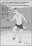  anthro bottomwear canid canine canis clothed clothing english_text feral hi_res horn male mammal monochrome pawpads solo species_transformation text topless transformation transformation_sequence wolf yafath 