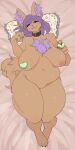  absurd_res anthro barely_visible_genitalia barely_visible_pussy belly big_belly big_breasts breasts buckle canid canine canis chest_tuft claws collar corruptedmoo curvy_figure dakimakura_design digital_drawing_(artwork) digital_media_(artwork) digitigrade dingo feet female fingers floral_print fluffy fluffy_tail fur genitals gravy_(rimscrummy) green_eyes grin hair hi_res holding_object huge_breasts inverted_nipples looking_at_viewer lying mammal navel nipples nude on_back one_eye_closed overweight overweight_anthro overweight_female pasties pawpads pillow pink_background pink_nipples purple_hair pussy simple_background slightly_chubby smile solo thick_thighs tuft wide_hips wink 