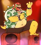  2021 anthro arm_hair barefoot beard belly bent_leg big_belly body_hair bottomwear bowser bracelet chest_hair claws clothed clothing collar eyebrows facial_hair feet fusion gnarlybastard hair hairy happy_trail hi_res holding_microphone holding_object horn jack_black jewelry koopa male mario_bros microphone moobs navel nintendo open_clothing open_mouth open_shirt open_smile open_topwear overweight overweight_anthro overweight_male pubes scalie shell shirt shorts simple_background singing smile solo speaker spiked_bracelet spiked_collar spiked_shell spiked_tail spikes spikes_(anatomy) spotlight standing teeth tenacious_d tongue topwear video_games 