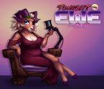  absurd_res anthro blue_eyes bovid breasts brown_body brown_fur caprine chair cleavage clothed clothing eye_patch eyewear female fur furniture hi_res hooves horn laurel_wreath mammal microphone oneeyedsheep robe sheep simple_background sitting solo text 