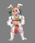  balls big_balls big_penis bodily_fluids bunny_costume carrot chubby_male clothing costume erection food fur genitals hi_res humanoid_genitalia humanoid_penis league_of_legends mafekoba male nude penis plant riot_games simple_background size_difference smaller_male smile solo teemo_(lol) vegetable video_games yordle 