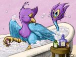  amarynceus avian bathing beak bird bird_feet blue_body bottle bubble bubble_bath feather_preening feathered_crest feathered_wings feathers feral galliform green_eyes gryphon gyro_feather gyrotech head_crest hi_res male mythological_avian mythology peafowl personal_grooming phasianid pink_body quadruped tail_tuft tuft wings 