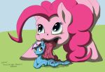  blue_body bodily_fluids cutie_mark drooling equid equine fan_character feral friendship_is_magic green_eyes gyro_tech gyrotech hair hasbro hi_res hooves horn licking male mammal mane micro my_little_pony open_mouth pink_body pink_hair pinkie_pie_(mlp) quadruped rubiont-47 saliva size_difference tongue tongue_out unicorn unicorn_horn 