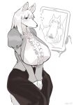  2021 anthro bebebebebe big_breasts blush bodily_fluids borzoi breasts canid canine canis domestic_dog female greyscale hi_res huge_breasts hunting_dog kemofujin kemofujin_(comic) long_snout mammal monochrome phone sighthound simple_background snout solo sweat sweatdrop 