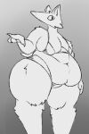  2:3 anthro belly belly_rolls bra breasts clothing conehead_(species) digital_media_(artwork) female fur gesture greyscale hi_res love_handles monochrome navel overweight pointing simple_background solo thick_thighs troplilly underwear 
