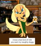  2d_(artwork) 2d_animation animated anthro apron apron_only bedroom_eyes beverage blonde_hair blue_eyes brandy_and_mr._whiskers brandy_harrington brandyfriend1 breasts cafe canid canine canis cleavage clothed clothing coffee_shop collar container cup digital_media_(artwork) disney domestic_dog english_text female green_apron hair hi_res holding_beverage holding_cup holding_object i_mean_breast_milk looking_at_viewer loop mammal meme mostly_nude narrowed_eyes nude off_shoulder open_mouth seductive short_playtime solo speech_bubble standing text 