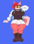  absurd_res anthro big_breasts blue_background boots bottomwear breasts bulge canid canine clothing collar footwear gynomorph half-closed_eyes hi_res intersex jacket mammal narrowed_eyes nipple_outline sammy_(dogfluid) shorts simple_background solo thick_thighs topwear velvetomo 