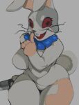  2021 anthro berseepon09 big_breasts bow_tie breasts buckteeth featureless_breasts featureless_crotch female five_nights_at_freddy&#039;s hi_res holding_knife holding_object knife lagomorph leporid looking_at_viewer mammal rabbit red_eyes red_sclera solo teeth thick_thighs vanny_(fnaf) video_games whiskers 