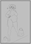  absurd_res anthro bag belly big_belly big_breasts border breasts clothed clothed/nude clothing curvy_figure female grey_border hair hi_res high_heels lagomorph leporid long_hair looking_at_viewer mammal mature_anthro mature_female monochrome nipples nude pregnant pregnant_female rabbit solo teeth yiezzas 