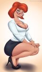  anthro big_breasts bottomwear breasts canid canine canis cleavage clothed clothing crouching disney domestic_dog eyewear female glasses goof_troop hi_res high_heels mammal mature_female nexcoyotlgt skirt solo sylvia_marpole text url 