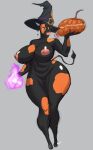  2021 anthro areola besky_(artist) big_breasts biped black_body black_fur blue_eyes bovid bovine breasts cattle clothing ear_piercing female fur genitals grey_background guide_lines halloween hat headgear headwear hi_res holidays horn huge_breasts jack-o&#039;-lantern magic magic_user mammal multicolored_body multicolored_fur nipples nude orange_body orange_fur piercing pink_areola pink_nipples pussy signature simple_background solo standing tail_tuft tuft two_tone_body two_tone_fur white_horn witch witch_hat 