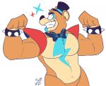  2021 anthro barazoku biceps big_pecs bodypaint bow_tie bracelet brown_body brown_fur clothed clothing digital_media_(artwork) face_paint featureless_crotch five_nights_at_freddy&#039;s five_nights_at_freddy&#039;s:_security_breach flexing fur glamrock_freddy_(fnaf) hat headgear headwear jewelry male mammal mostly_nude muscular muscular_anthro muscular_male navel pecs shoulder_pads simple_background single-eye smile solo sparkles spiked_bracelet spikes tan_body tan_fur teeth top_hat ursid video_games white_background 