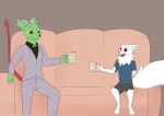  albino alcohol anonymous_artist anthro beer beverage clothing demon fur green_body green_ears green_fur grey_horn horn leotoefinger male missing_arm red_eyes red_tail solo suit white_body white_fur 