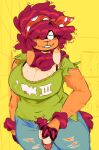  anthro big_breasts bovid breasts caprine cleavage clothed clothing cloven_hooves genitals gynomorph half-closed_eyes hi_res hooves intersex looking_at_viewer mammal narrowed_eyes one_eye_obstructed penis sheep shirt solo text text_on_clothing text_on_shirt text_on_topwear topwear velvetomo 