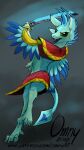  4_ears anthro avali avali_(original) blue_body blue_feathers clothing countershading dewclaw digitigrade feathered_wings feathers female green_body green_eyes gyrotech laser_sword luvashi multi_ear omny87 poncho weapon winged_arms wings 
