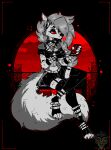  anthro belt bottomwear canid canid_demon canine canis cellphone clothing collar demon digital_media_(artwork) drawing female fingerless_gloves fishnet footwear fur gloves goth grey_body grey_fur grey_hair hair handwear hellhound helluva_boss hotpants leather legwear long_hair long_tail looking_at_viewer loona_(helluva_boss) madnessandgiovanni0595 mammal phone piercing pixel_(artwork) red_eyes rubber shorts simple_background spiked_collar spikes stockings toeless_footwear white_body white_fur wolf 