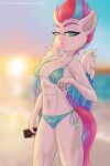  2021 2:3 5_fingers abs anthro beach bikini blue_eyes blue_hair breasts bubble_gum clothed clothing colored_nails digital_media_(artwork) equid equine eyebrows eyelashes feathered_wings feathers female fingers hair hasbro hi_res horse looking_at_viewer mammal mlp_g5 multicolored_hair muscular my_little_pony nails navel open_mouth patreon pegasus phone pink_hair pony sea seaside shad0w-galaxy simple_background solo sunset swimwear water white_body wings zipp_storm_(mlp) 