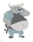  2021 absurd_res anthro baton belly belt big_belly bovid bovine canson cape_buffalo chief_bogo clothing disney fur grey_body grey_fur hi_res hooves horn male mammal navel overweight overweight_anthro overweight_male police_uniform shirt simple_background solo topwear uniform white_background zootopia 