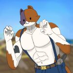  1:1 abs antebellunm anthro biceps bottomwear calico_cat clothed clothing domestic_cat epic_games felid feline felis fortnite fur hi_res looking_at_viewer male mammal meowscles_(fortnite) mottled muscular muscular_anthro muscular_male pants piebald smile solo video_games 