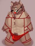  anthro ball_gag bdsm beard big_boy bondage bound canid canine canis erection facial_hair father gag gagged male mammal mature_anthro mature_male muscular nipples parent slightly_chubby submissive wolf wombo_wombat 