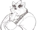  &lt;3 2021 anthro blush canid canine clothed clothing eating exe_exem eyes_closed food humanoid_hands kemono lifewonders live-a-hero male mammal overweight overweight_male portrait raccoon_dog shoen simple_background solo tanuki video_games white_background 