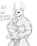  anal anal_penetration anthro balls big_penis bodily_fluids demon duo english_text felid gato_matero gato_matero&#039;s_fursona genitals hi_res holding_partner horn looking_down male mammal monochrome muscular muscular_male nipples pecs penetration penis size_difference skull_head slim tears text 
