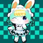  1:1 animal_crossing anthro blonde_hair checkered_background clothed clothing crossdressing digital_media_(artwork) dipstick_ears featureless_hands footwear frilly frilly_clothing fur girly gloves_(marking) green_body green_ears green_fur hair hand_on_cheek hi_res lagomorph leporid long_ears maid_headdress maid_uniform male mammal markings multicolored_ears nintendo one_eye_closed orange_inner_ear orange_nose pattern_background rabbit rain_iroiro sasha_(animal_crossing) simple_background socks solo uniform video_games wink 