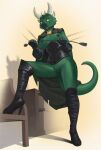  anthro armwear black_nipples boots bottomless breasts cape cleft_of_venus clothed clothing conditional_dnp corset dark_nose dragon elbow_gloves female footwear genitals gloves green_body green_eyes green_scales handwear hi_res high_heeled_boots high_heels horn ineffective_clothing jotun22 knee_boots knee_highs legwear lingerie looking_at_viewer low-angle_view nipples one_leg_up pussy raised_leg reptile riding_crop rubber scales scalie smile solo topwear whip wingless_dragon 