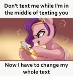 angry cellphone english_text equid equine feral gold_(metal) gold_hooves gold_jewelry green_eyes hair hasbro headpiece hi_res hooves jewelry mammal marenlicious meme mlp_g5 my_little_pony pegasus phone pipp_petals_(mlp) purple_hair relatable smartphone text wings 
