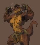  anthro bottomwear breasts clothed clothing dinosaur female genitals hi_res humanoid loincloth looking_at_viewer muscular muscular_anthro muscular_female pizzafranky pussy reptile scalie skimpy small_breasts smile solo tattoo 