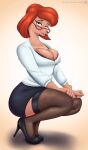  anthro big_breasts bottomwear breasts canid canine canis cleavage clothed clothing crouching disney domestic_dog eyewear female glasses goof_troop hi_res high_heels mammal mature_female nexcoyotlgt skirt solo sylvia_marpole 