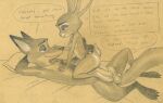  2021 absurd_res animal_genitalia balls breasts canid canine clothed clothing dialogue disney duo english_text female female_on_top fox fully_sheathed genitals hand_behind_head hi_res interspecies judy_hopps lying male male/female male_on_bottom mammal monochrome nick_wilde nude on_back on_bottom on_top panties predator/prey sheath straddling text topless traditional_media_(artwork) tush underwear zootopia 
