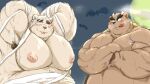  2021 anthro armpit_hair blush body_hair duo halloween halloween_costume holidays kemono kotobuki male mammal moobs moon mummy_costume night nipples obese obese_male outside overweight overweight_male tongue tongue_out ursid 