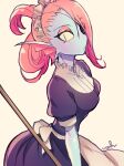  animal_humanoid clothing eye_patch eyewear female fin fish fish_humanoid hair hi_res humanoid looking_at_viewer maid_apron maid_headdress maid_uniform marine marine_humanoid noaharbre red_hair simple_background solo undertale_(series) undyne uniform white_background 