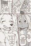  anthro aoniya_yuudai canid canine canis comic dark_ishihara domestic_cat domestic_dog dressing duo english_text eyes_closed felid feline felis happy hi_res kaneinu_kosuke locker_room male mammal monochrome smile text towel_on_head toweling_off translated 