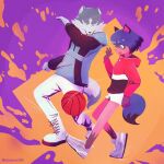  1:1 anthro ball basketball basketball_(ball) blue_eyes blue_hair brand_new_animal canid canine canis clothed clothing dooboo duo female footwear fur hair hoodie male male/female mammal michiru_kagemori orange_body orange_fur raccoon_dog romantic romantic_couple shirou_ogami shoes sneakers streetwear studio_trigger tanuki topwear white_body white_fur wolf 