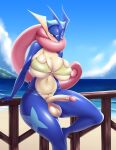  anthro anthrofied balls big_breasts bikini blue_body breasts clothed clothing curvy_figure erection genitals greninja gynomorph hi_res huge_breasts intersex mleonheart nintendo nipples penis pok&eacute;mon pok&eacute;mon_(species) pok&eacute;morph solo swimwear thick_thighs tongue tongue_out video_games voluptuous wide_hips 