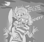  anthro breasts caroo cleavage clothed clothing costume dialogue dreamy_daze_(oc) duo english_text equid equine fan_character female friendship_is_magic from_behind_(disambiguation) halloween handcuffs holidays horn male male/female mammal monochrome my_little_pony pegasus princess_celestia_(mlp) prison_uniform raised_clothing raised_shirt raised_topwear restraints shackles shirt sparkles surprise text tickling topwear winged_unicorn wings 
