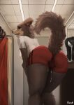  2021 anthro beastars bodily_fluids bottomwear butt butt_focus camel_toe canid canine canis clothed clothing cum cum_in_clothing cum_in_pussy cum_inside cum_leaking detailed_background digital_media_(artwork) eyebrows eyelashes female foxovh fur genital_fluids hi_res inside juno_(beastars) looking_at_viewer mammal open_mouth raised_tail rear_view shaded solo wet wet_bottomwear wet_clothing wig wolf 