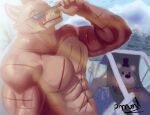  2021 abs absurd_res aircraft airplane ambient_bird anthro avian background_character biceps big_muscles bird brown_nose canid canine cloud day digital_media_(artwork) eyewear five_nights_at_freddy&#039;s five_nights_at_freddy&#039;s_4 fox fur hi_res male mammal muscular muscular_anthro muscular_male navel nightmare_foxy_(fnaf) outside pecs pinumontbalou pool_chair poolside red_body red_fur scar scars_all_over signature sky solo sunglasses video_games wet 