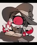  black_bars book clothing cyclops female hair hat headgear headwear hi_res humanoid letterbox long_hair mammal not_furry potion red_sclera simple_background sketch solo witch_hat worried zombiemiso 