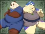  2021 96panda absurd_res anthro belly black_nose blue_body blue_fur brown_body brown_fur bulge canid canine canis collar domestic_dog duo eyewear fur giant_panda glasses green_eyes hi_res humanoid_hands jinbei_(clothing) kemono leaf male mammal overweight overweight_male sitting ursid 